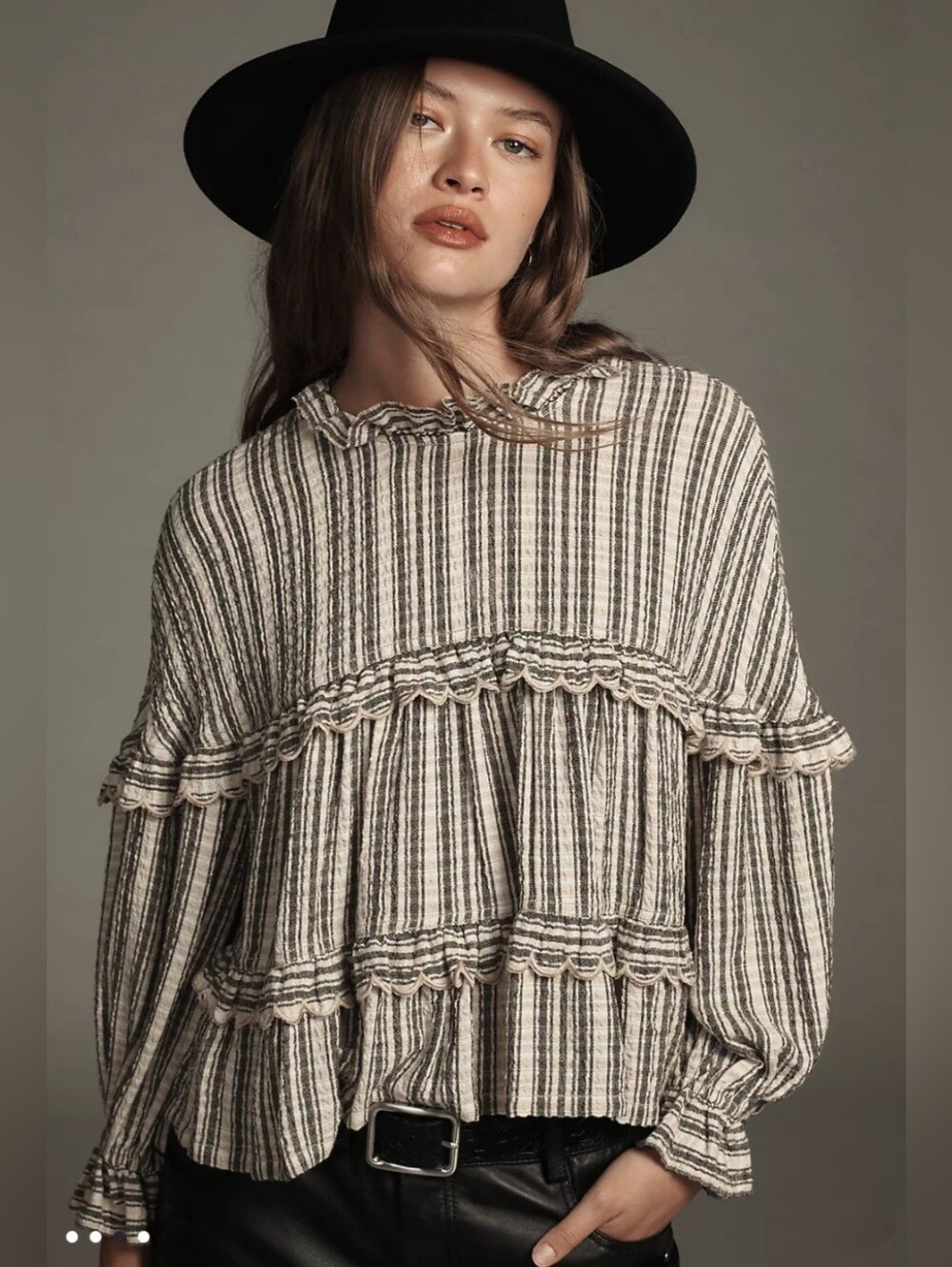 Anthropologie Pilcro Striped Tiered Babydoll Blouse Ruffles XL EUC